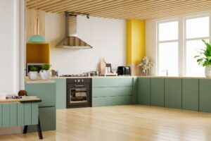 מטבח בצבעי עץ טבעי וירוק